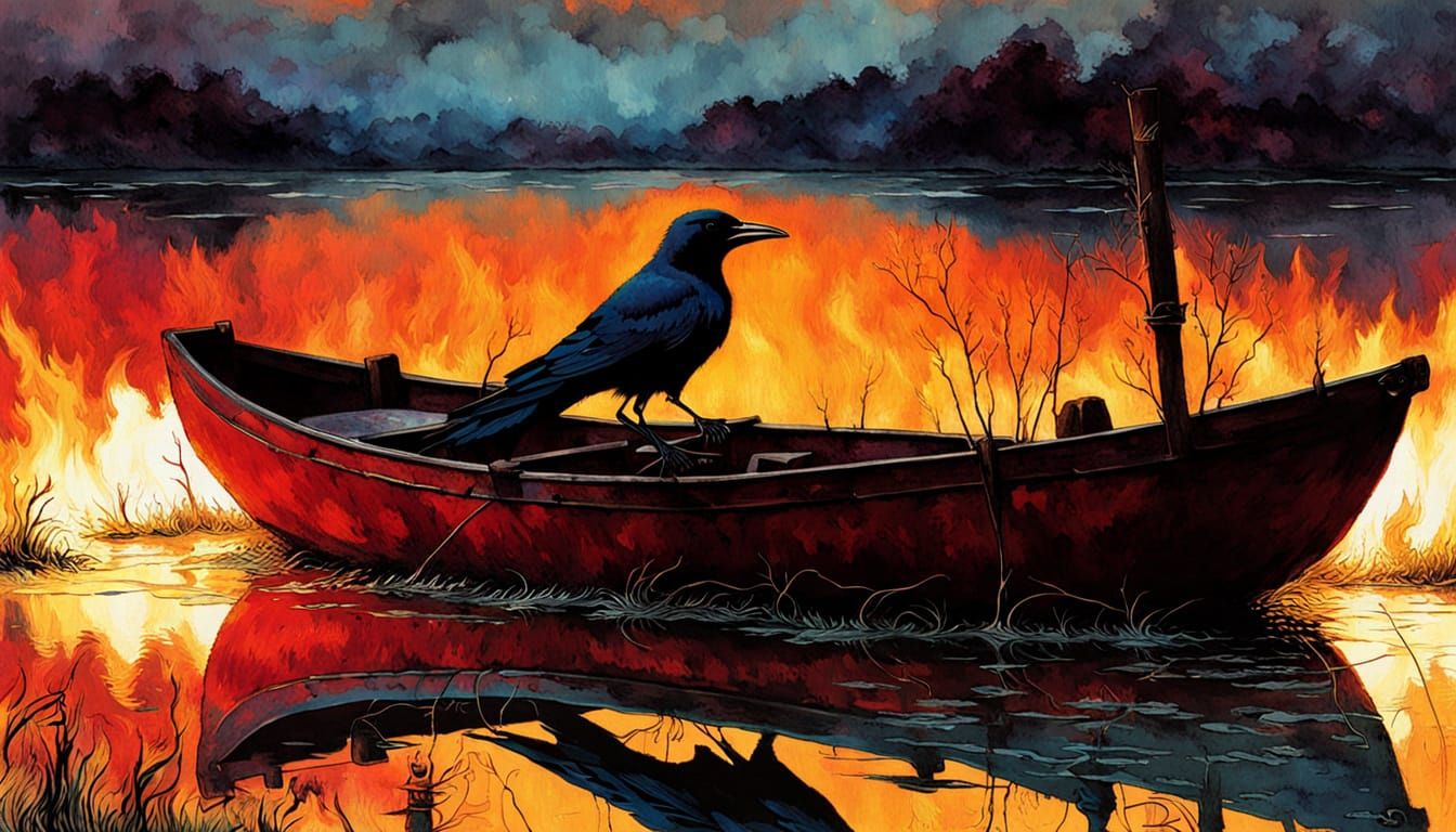 Jackdaw in Flaming Landscape: Color Print Art