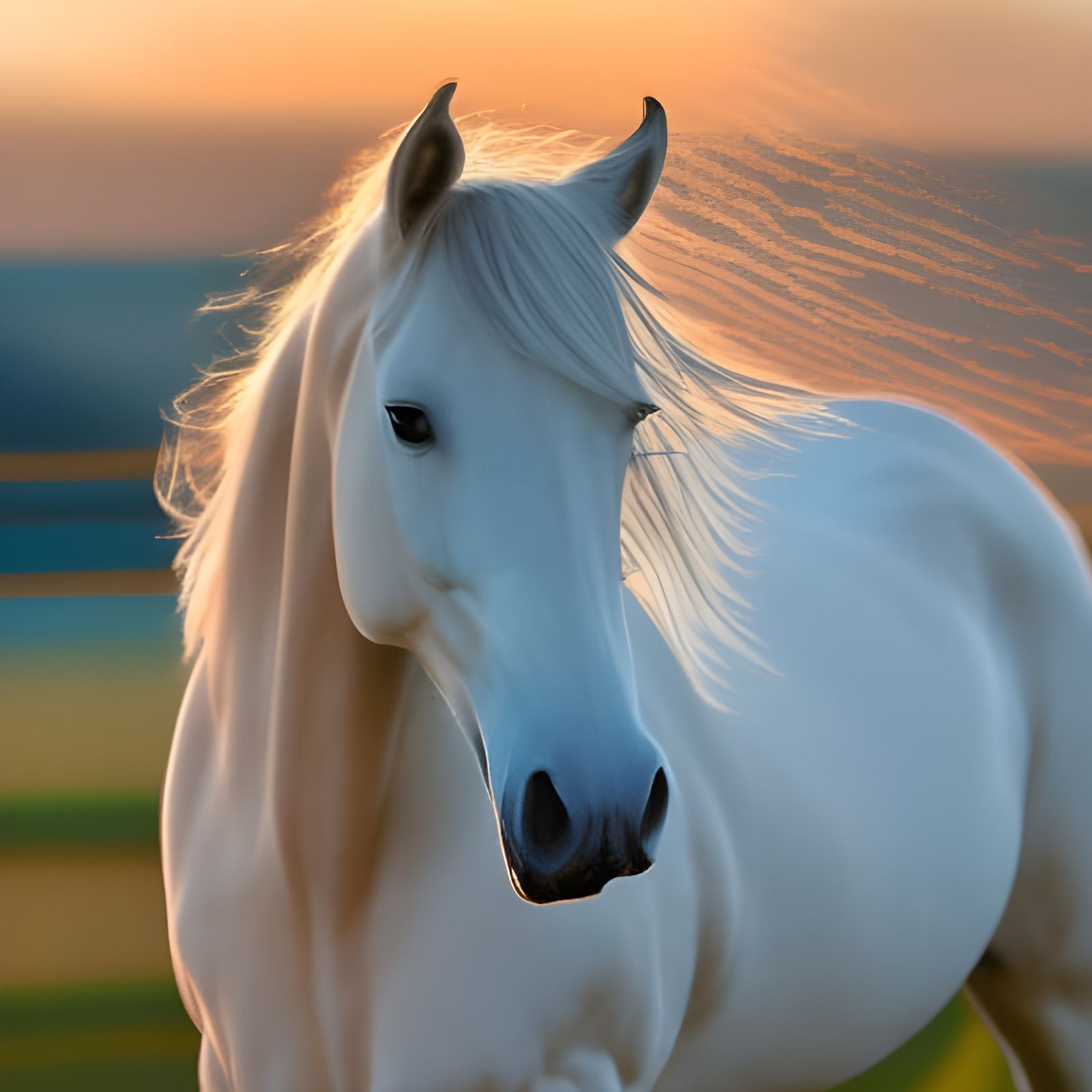 Stallion Gallops on Beach at Sunset: Digital Art
