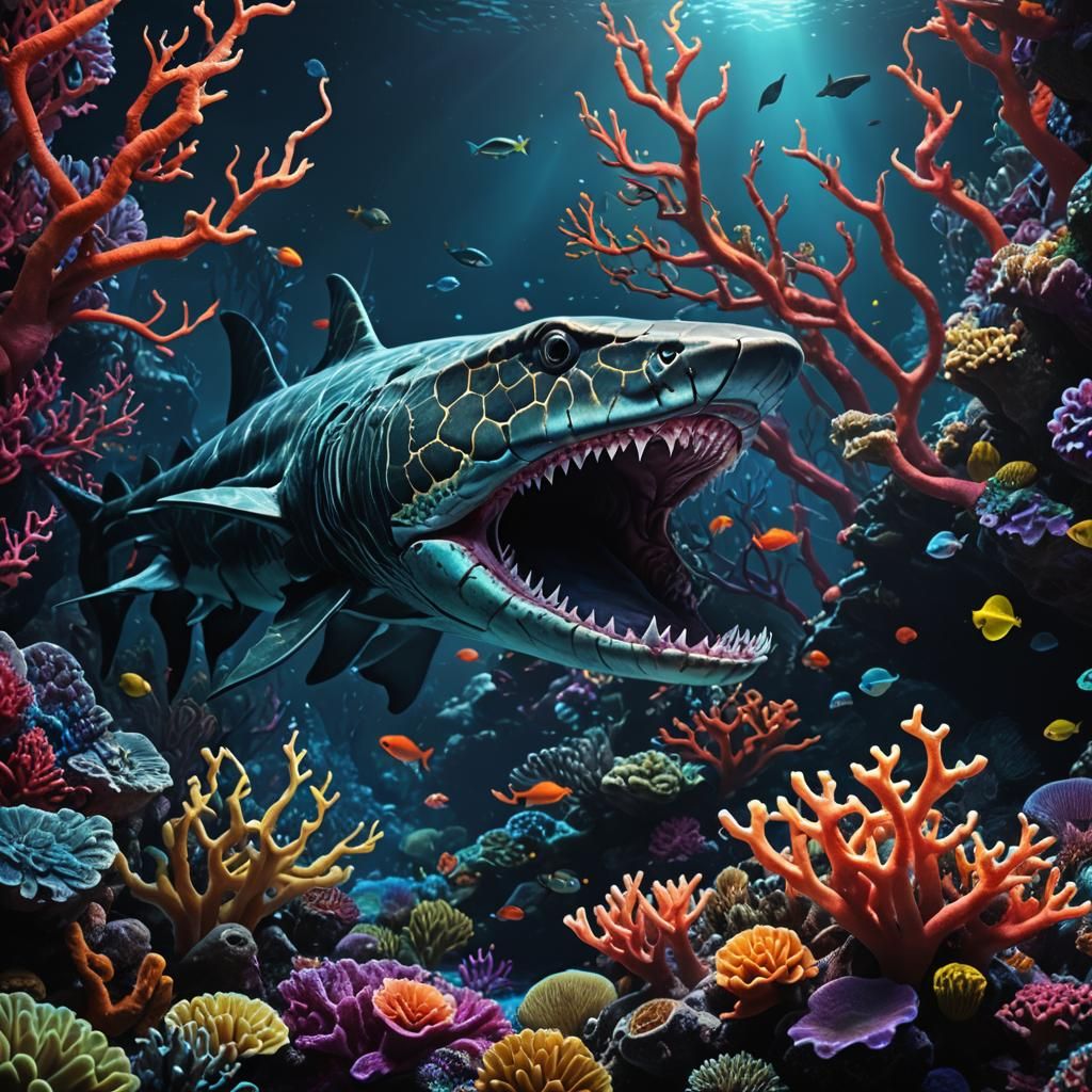 Snake-Shark Hybrid in Coral Reef, Dark Fantasy Painting