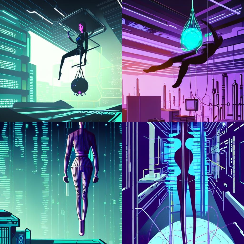 Mystical Cyberpunk Figure Suspended in Space