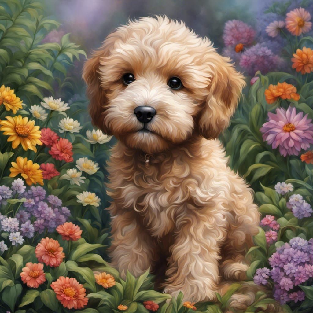 Chibi Airedoodle Puppy in Hyperdetailed Garden Painting