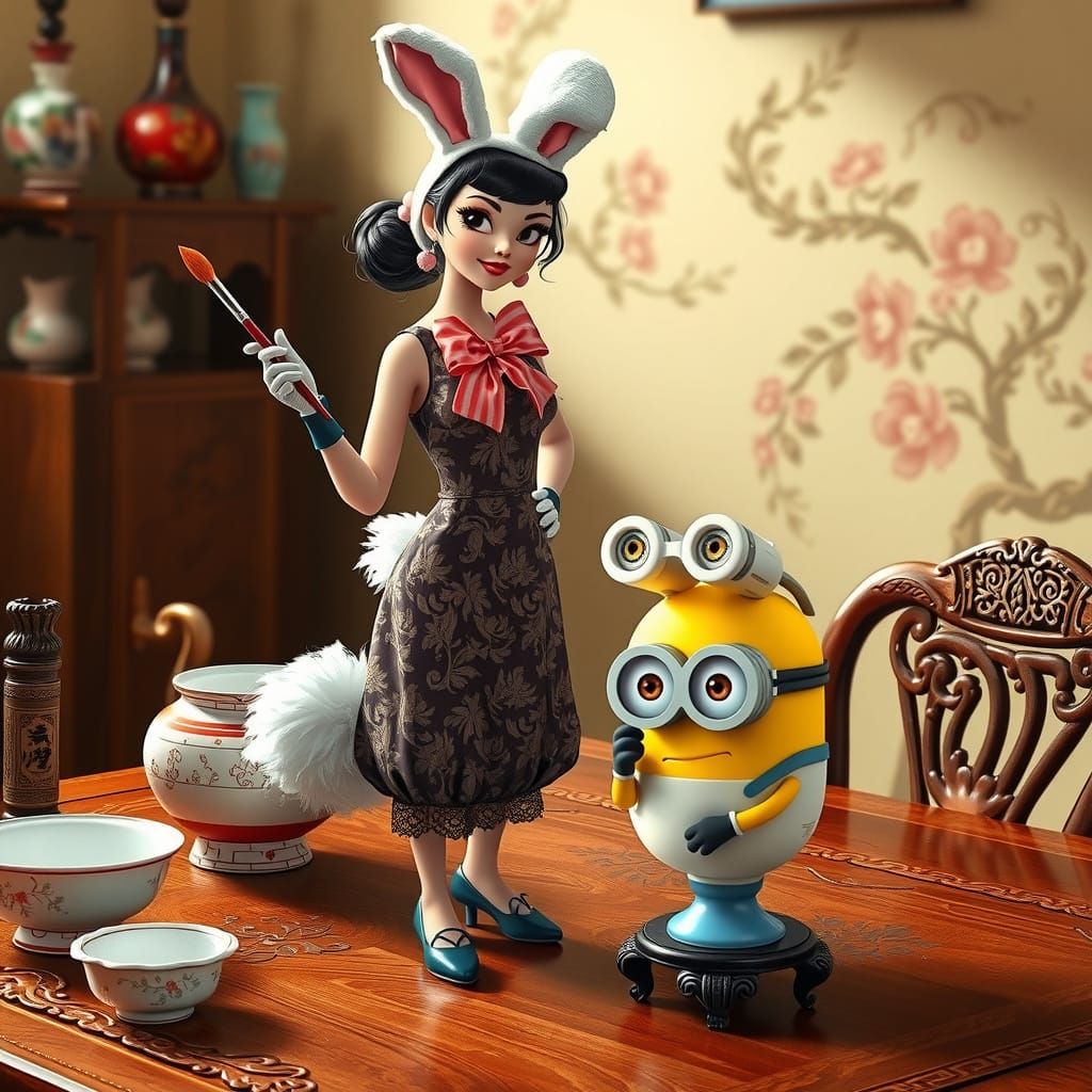 Pin-Up Bunny Creates Masterpiece with Mischievous Minion