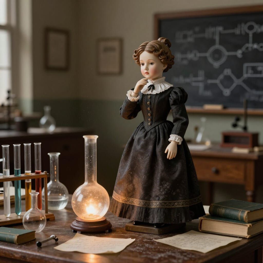 Marie Curie Porcelain Doll in Vintage Lab