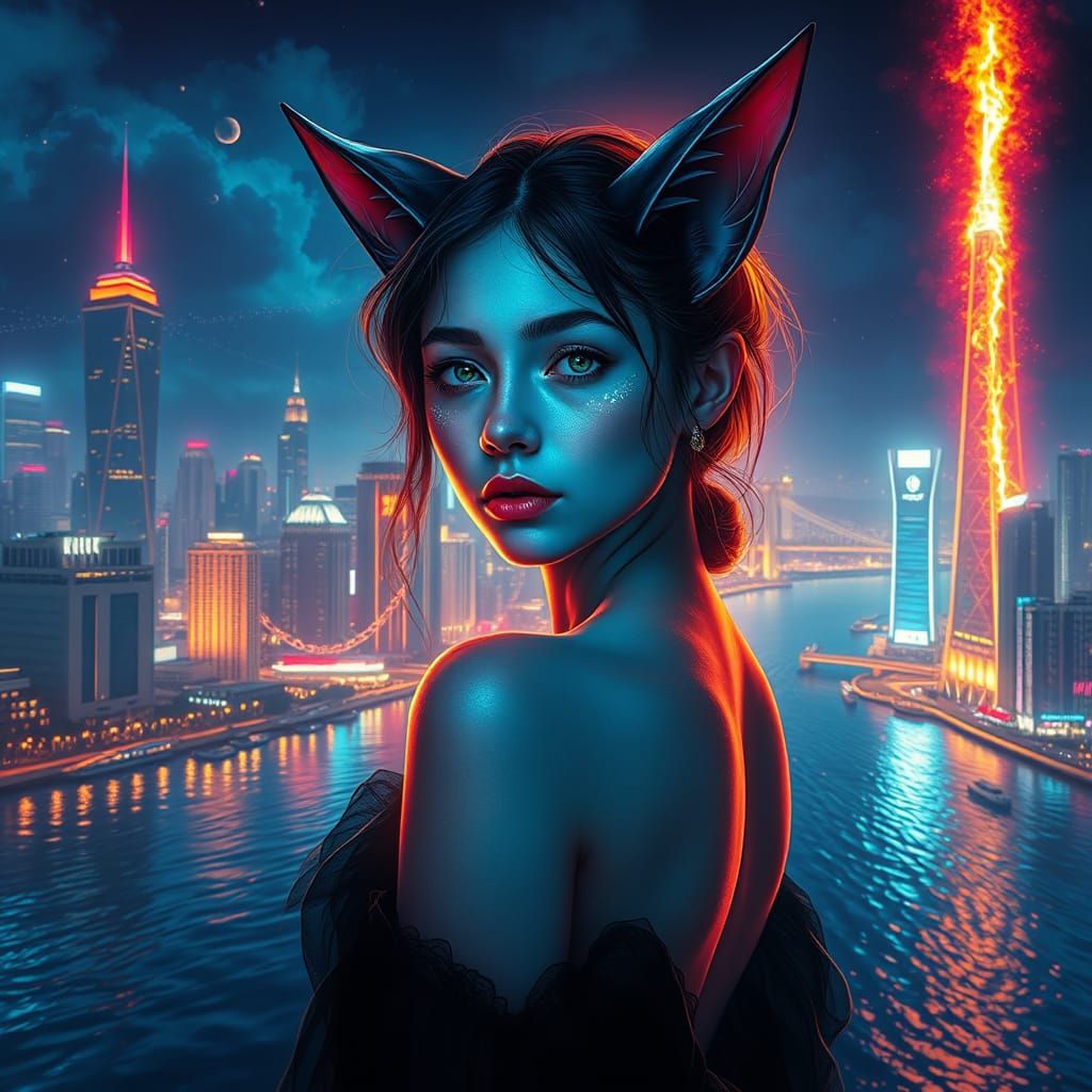 Luminous Night Spirit with Cat Ears in a Vibrant Cityscape