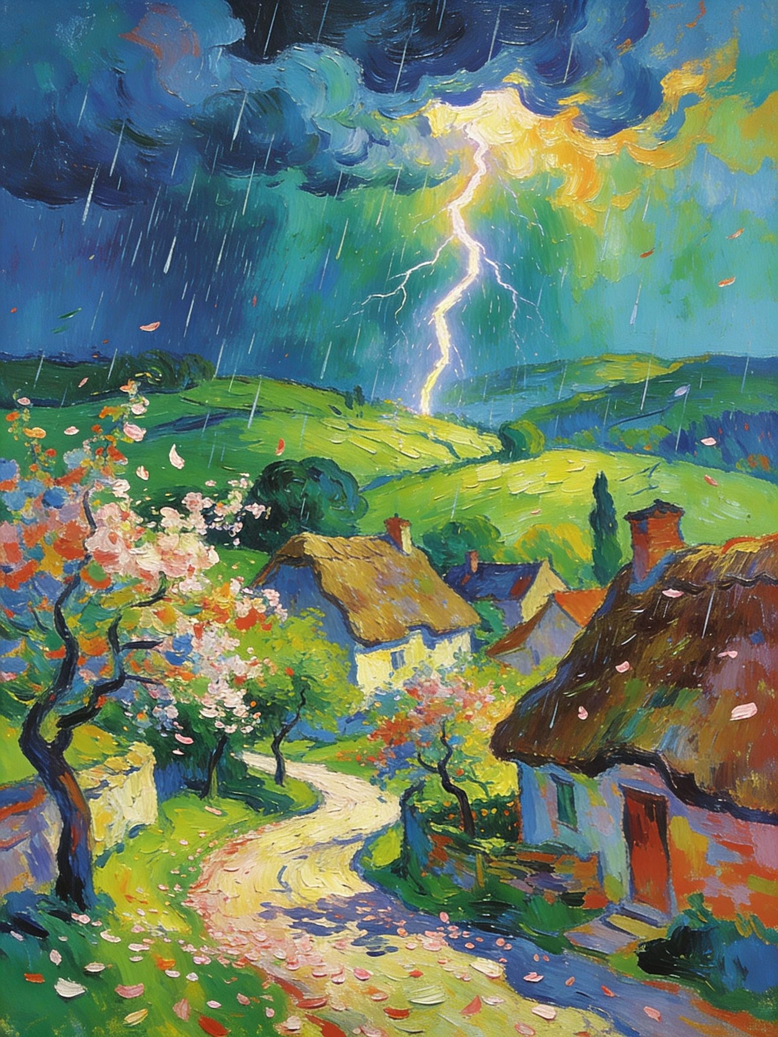 Rustic Village in Stormy Emerald Meadow