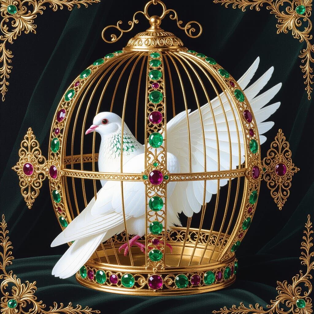 Ornate Gold and Gem Bird Cage with White Dove