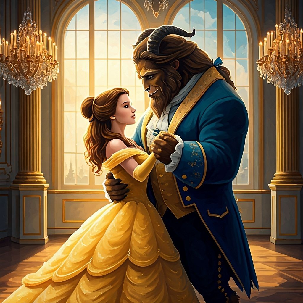 Belle and Beast Waltzing in Gouache and Watercolor Style