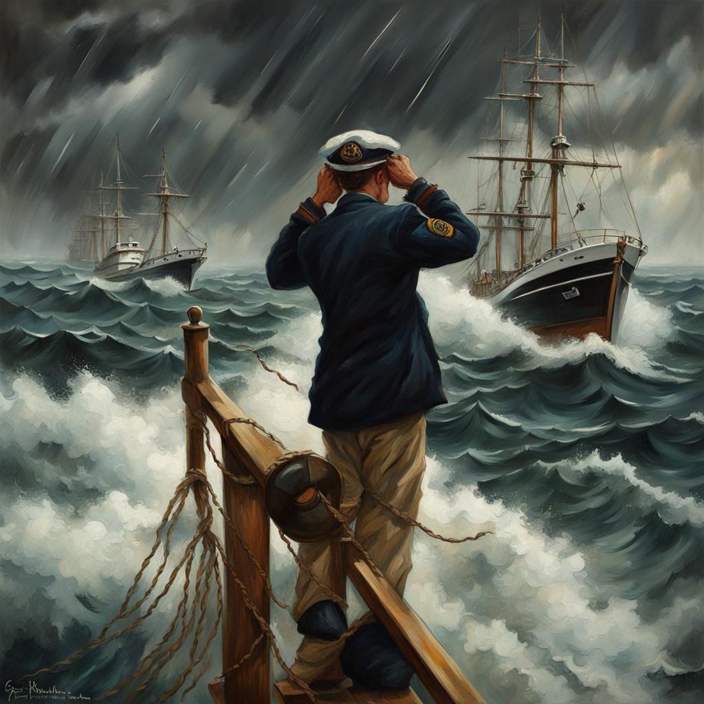 Sinister Stormy Seas with Boats and Sailors
