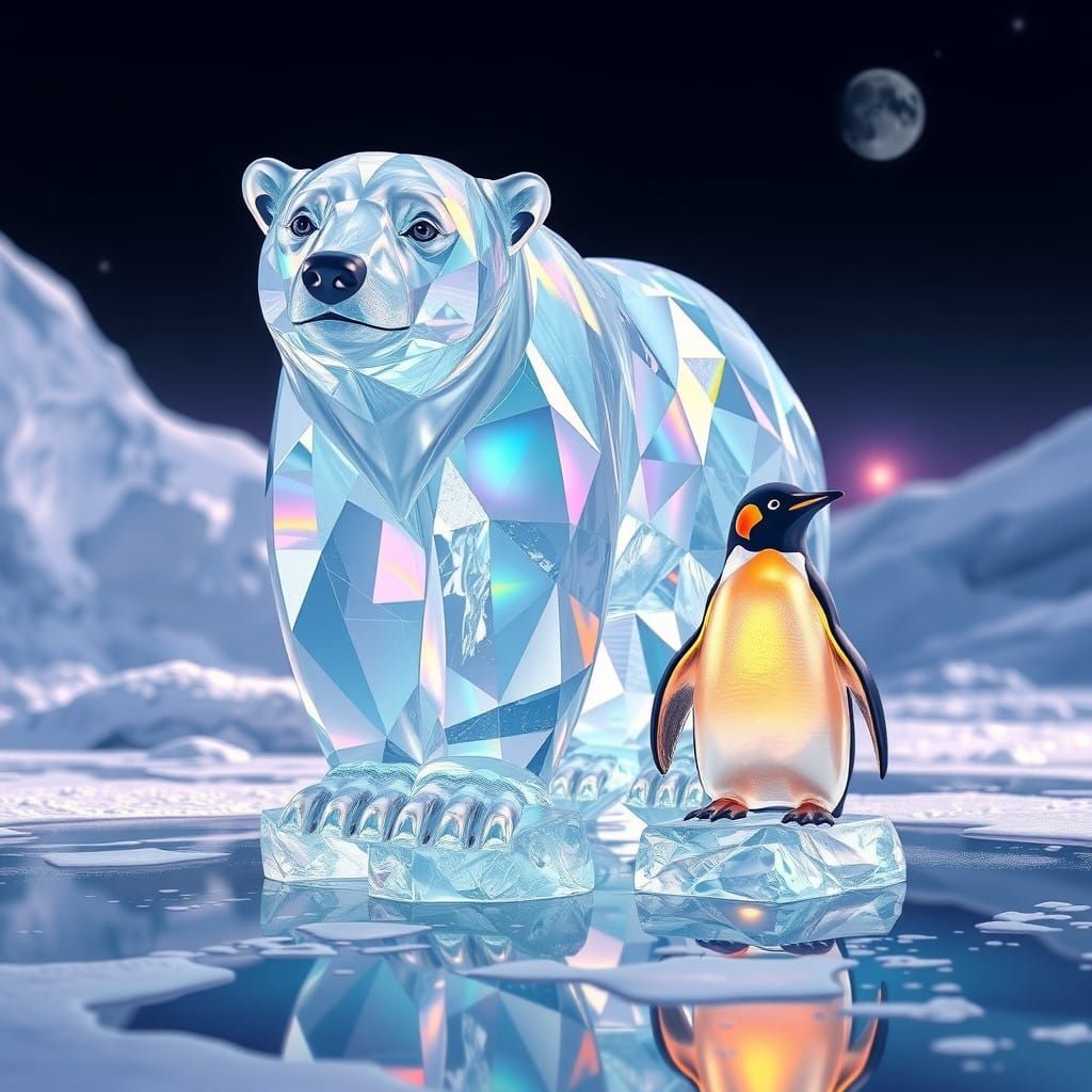 Surreal Polar Bear and Penguin Ice Sculptures in Vibrant 3D