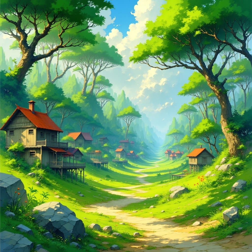 Ghibli-esque Landscape with Rustic Architecture
