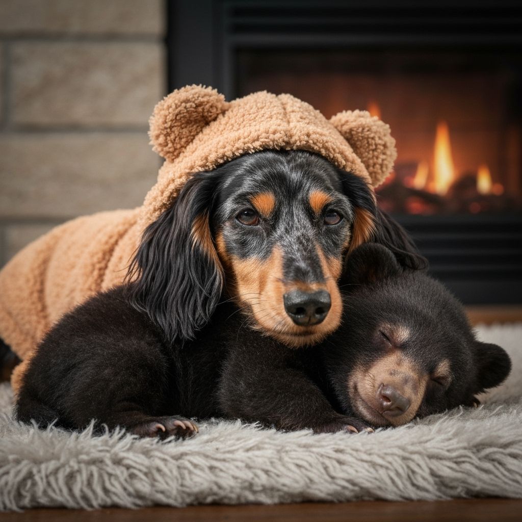 Adorable Dachshund Cuddles Baby Bear by Fireplace