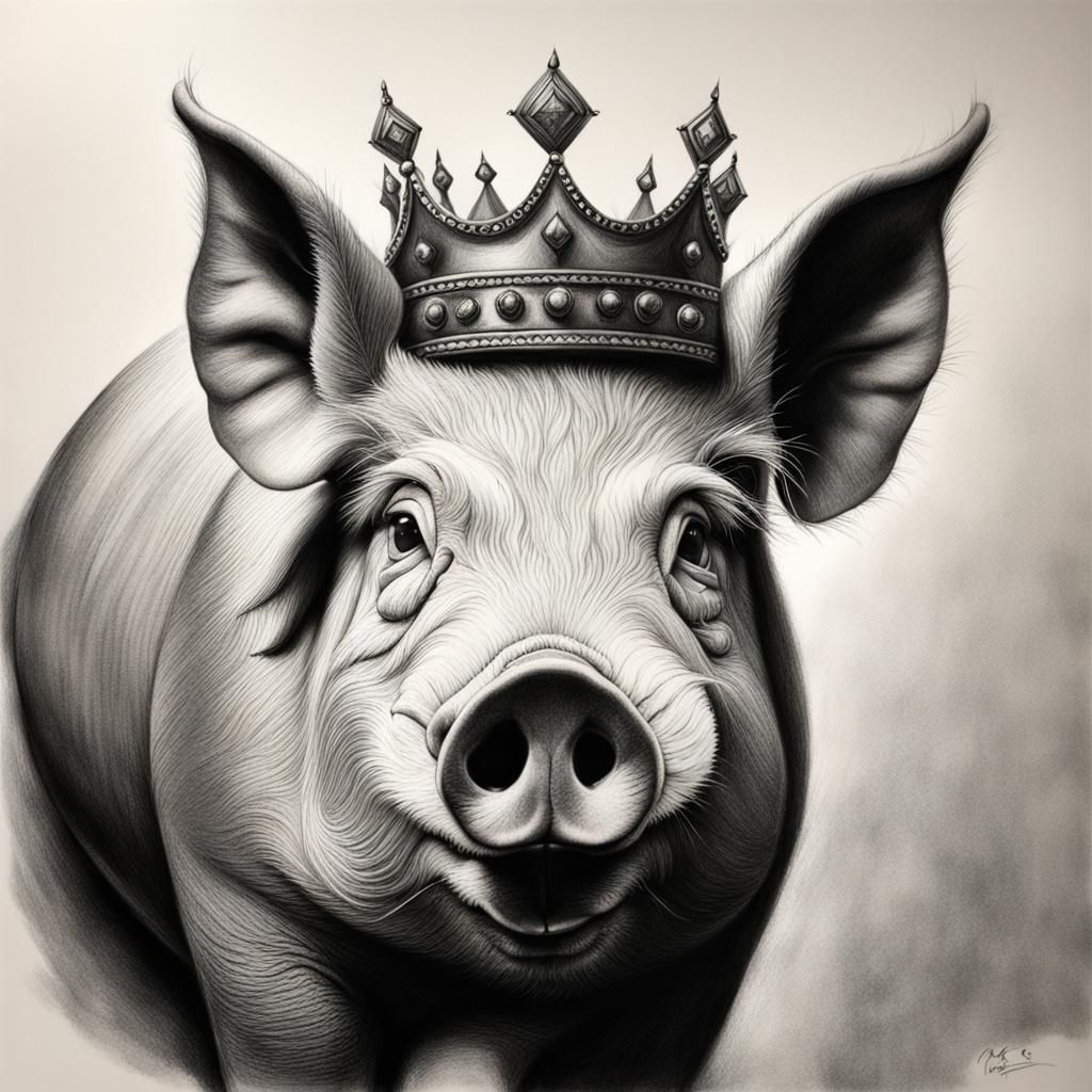 Hyperdetailed Charcoal Drawing of a Crowned Pig