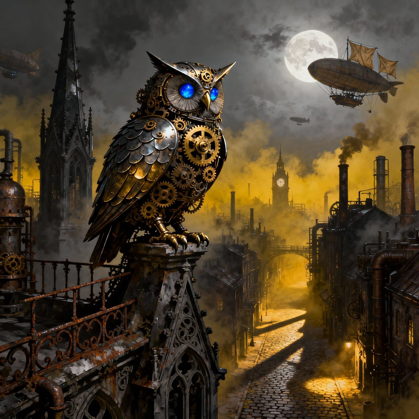 Clockwork Owl on Gothic Spire Above Steampunk City