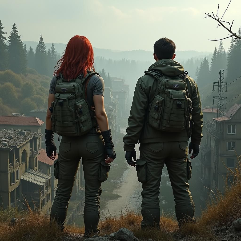 Post-Apocalyptic Survivors Gaze Over Ruined Cityscape