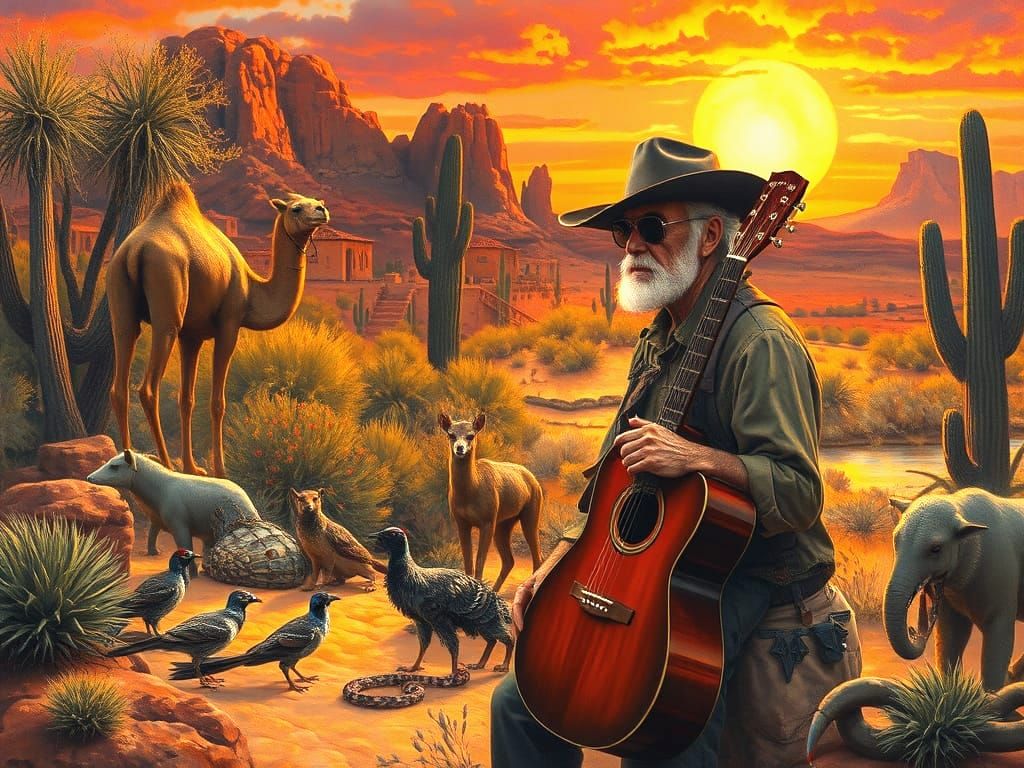 Southwest Oasis Painting of Biker with Camel