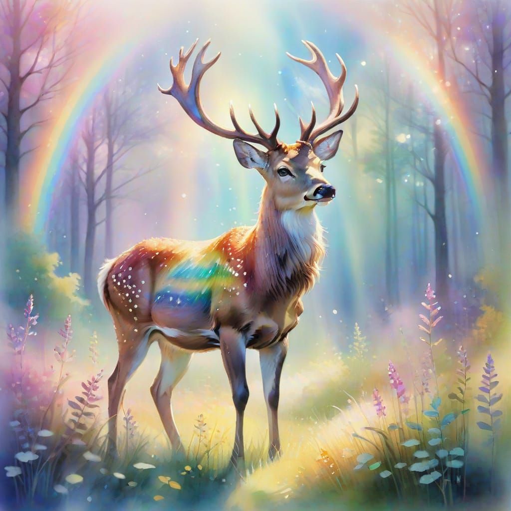 Magical Deer in Soft Focus, Pastel Hues, and Double Rainbow