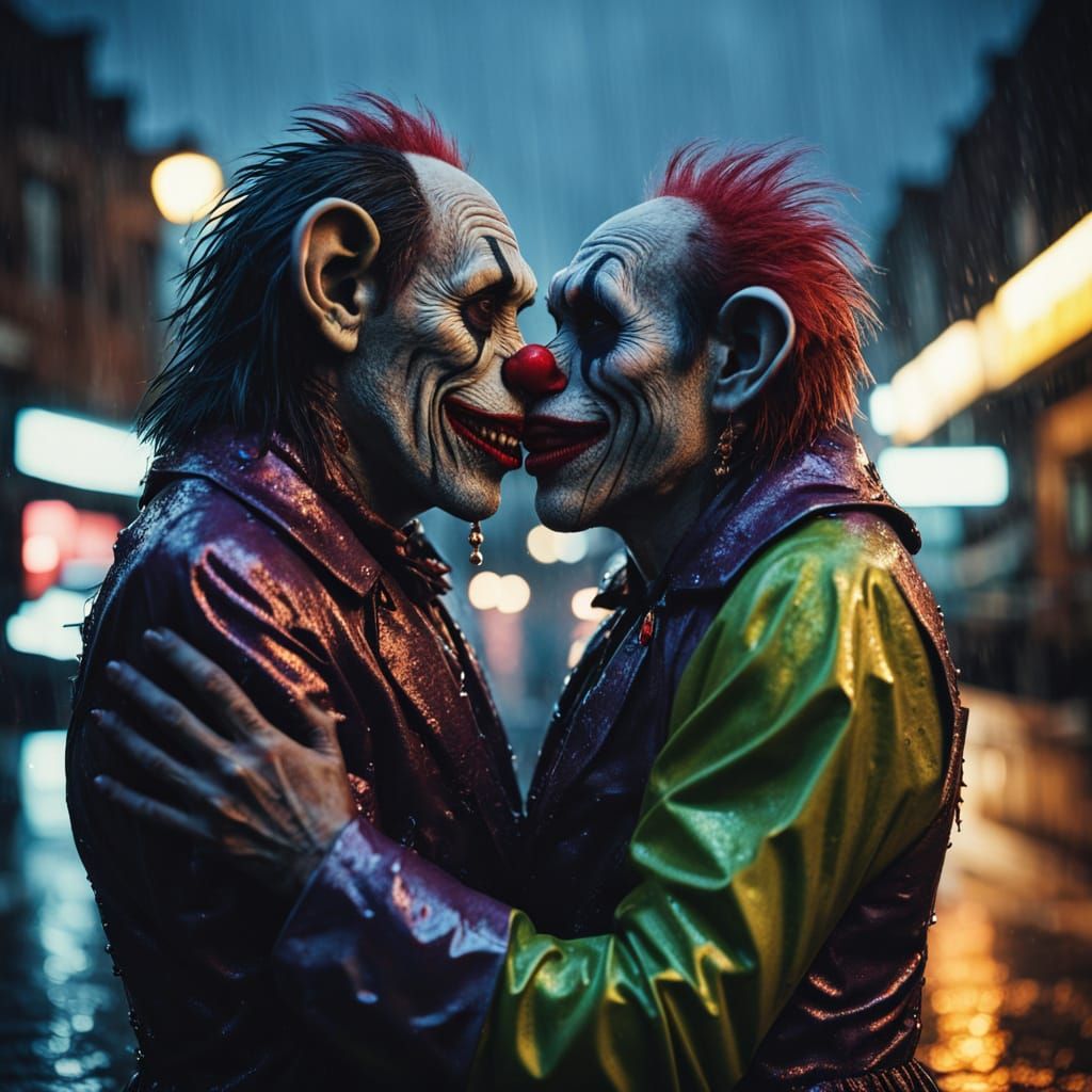Zombie Monkey Clown Lovers in Rainy Street Scene