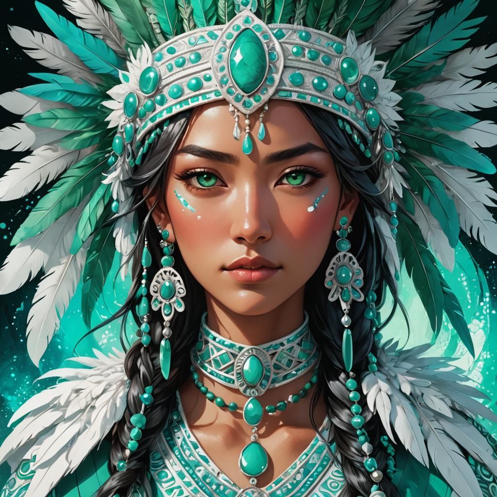 Anime Portrait of Toltec Woman with Headdress