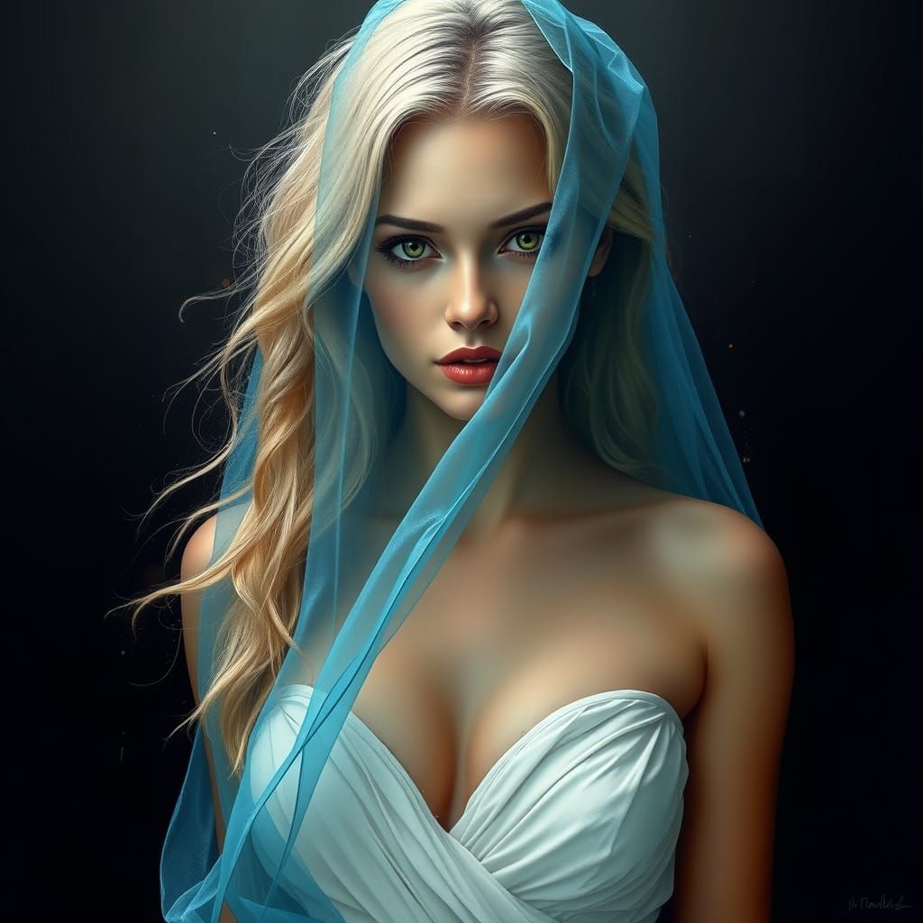 Ethereal Art Nouveau Goddess in Flowing White