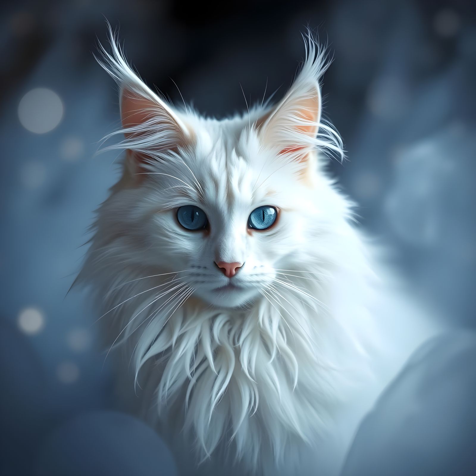 Mystical White Maine Coon Cat in Sparkling Fog