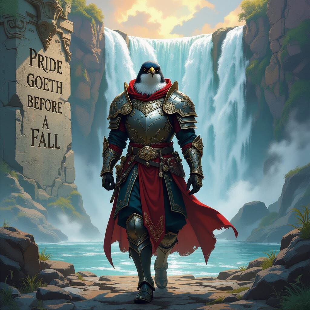 Armored Robin at Waterfall: Fantasy Art