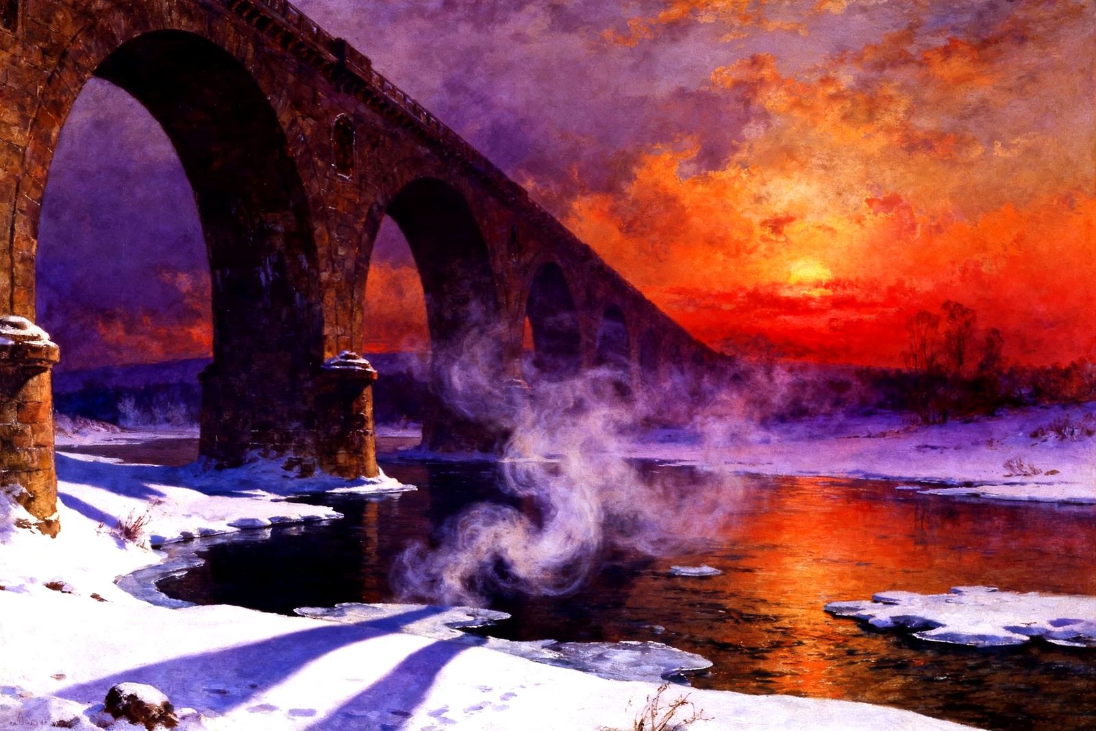 Romantic Winter Sunset Over Frozen River and Stone Bridge
