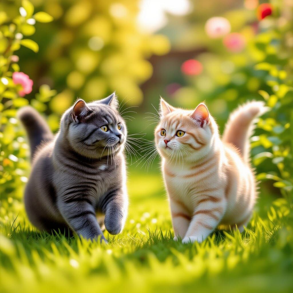 British Shorthair Cats Play in Sunny Garden