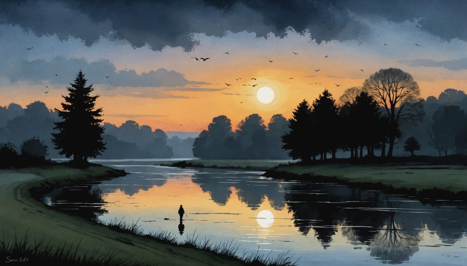 Misty Twilight River Scene in Watercolor