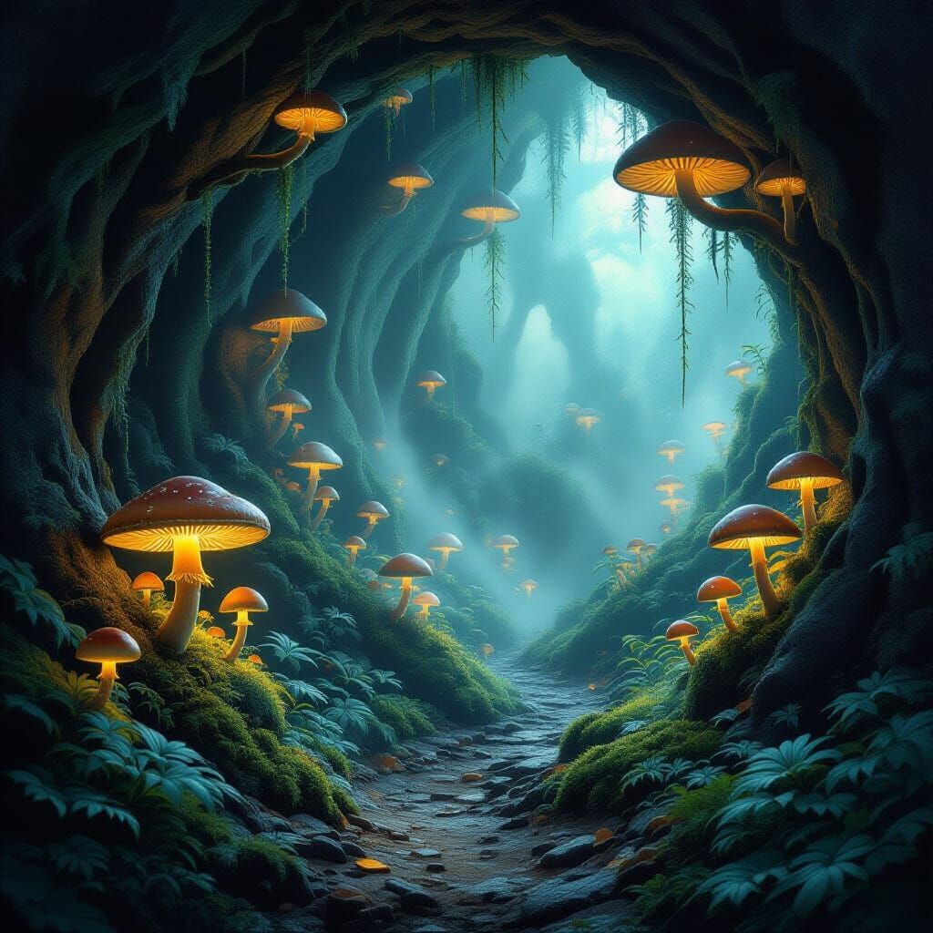 Glowing Mushroom Ant Tunnels in Whimsical Style