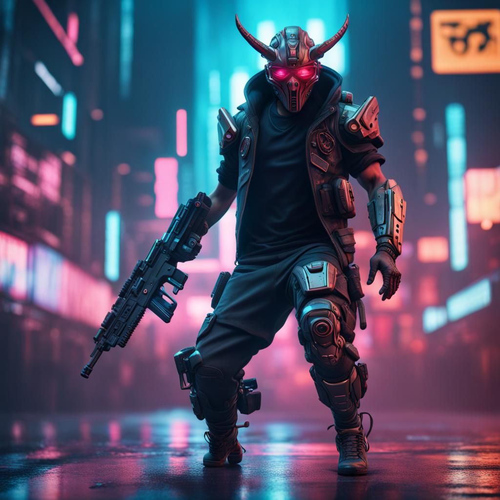 Cyberpunk Oni Mask with Pistol, Detailed Digital Art