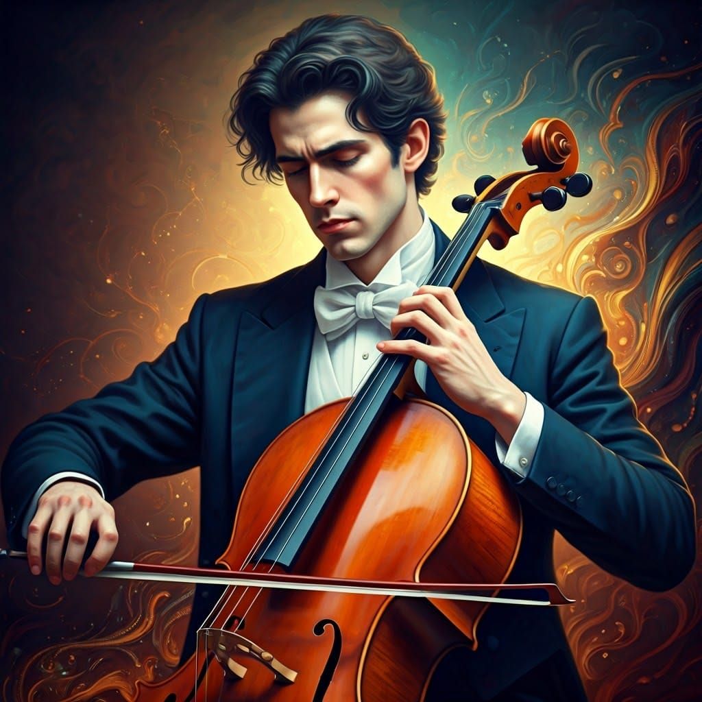Cellist's Dreamlike Performance in Expressionist Style