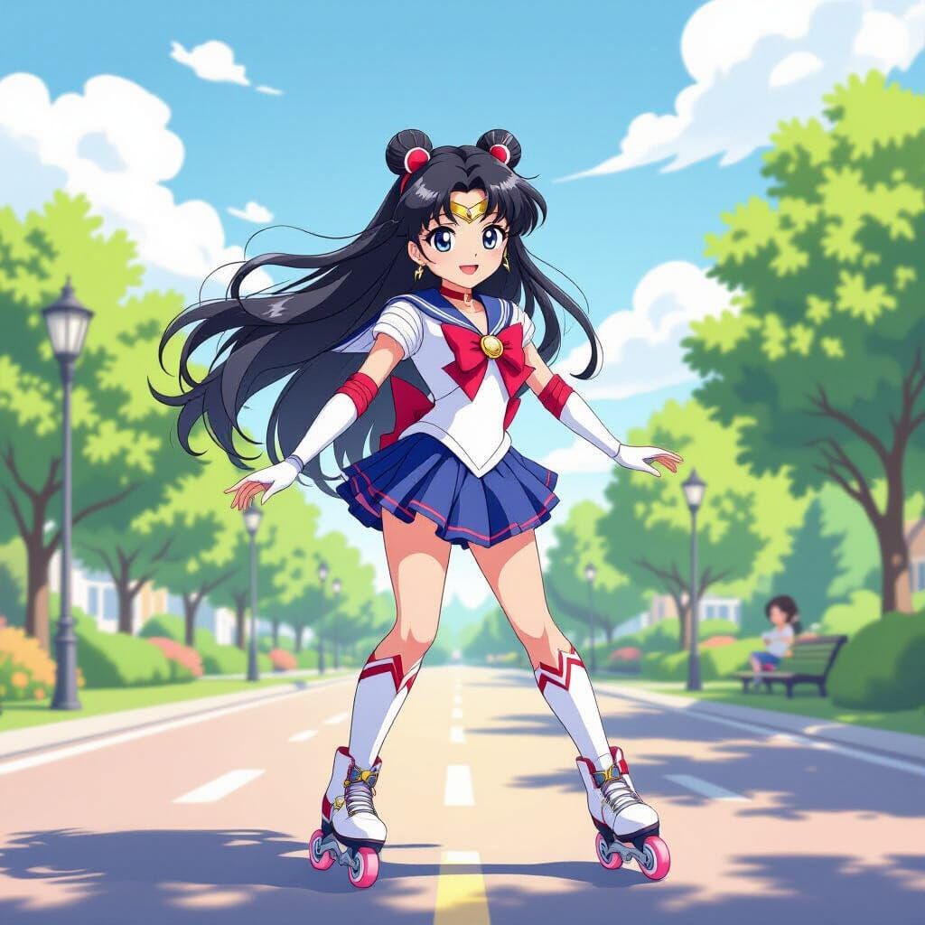 Cute Anime Girl Rollerblades to Park in Sailor Moon Outfit