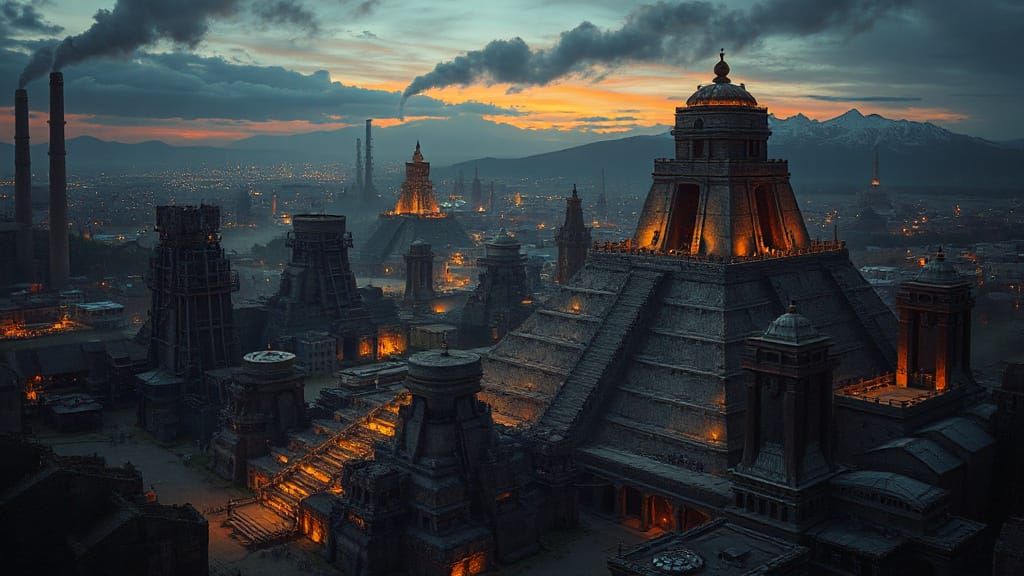 Medieval Steampunk Tenochtitlan Oil Painting at Twilight