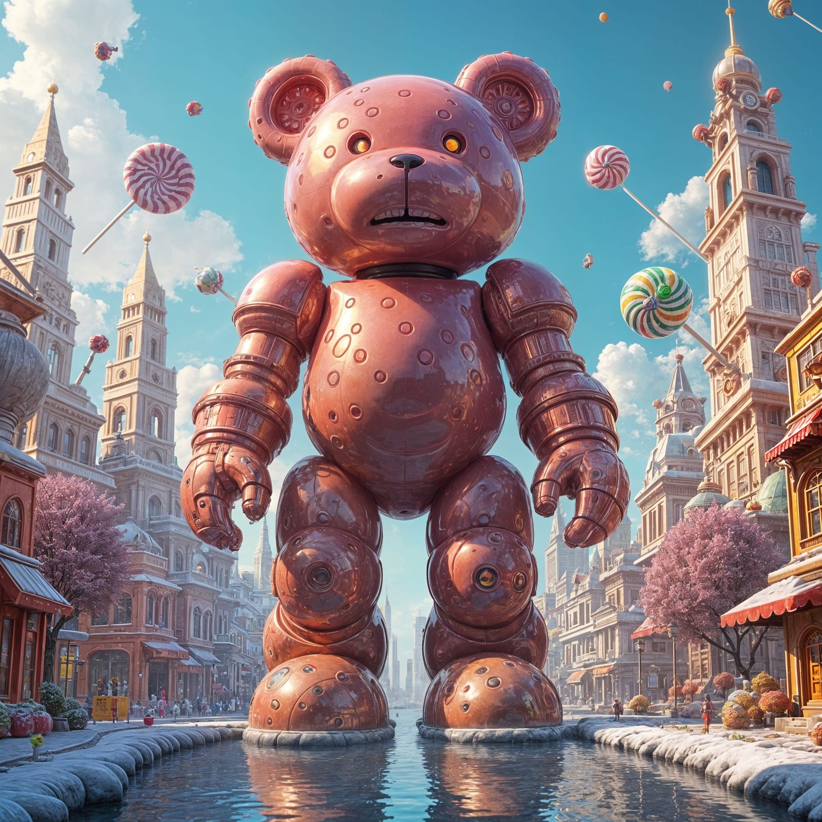 Colossal Gummy Bear Mecha in Vibrant Candy Cityscape