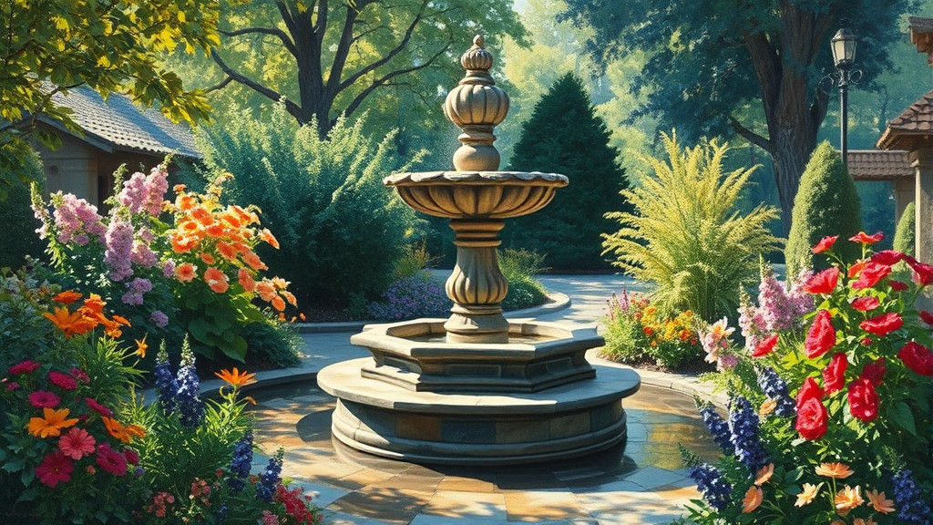 Impressionistic Garden Fountain with Lush Greenery
