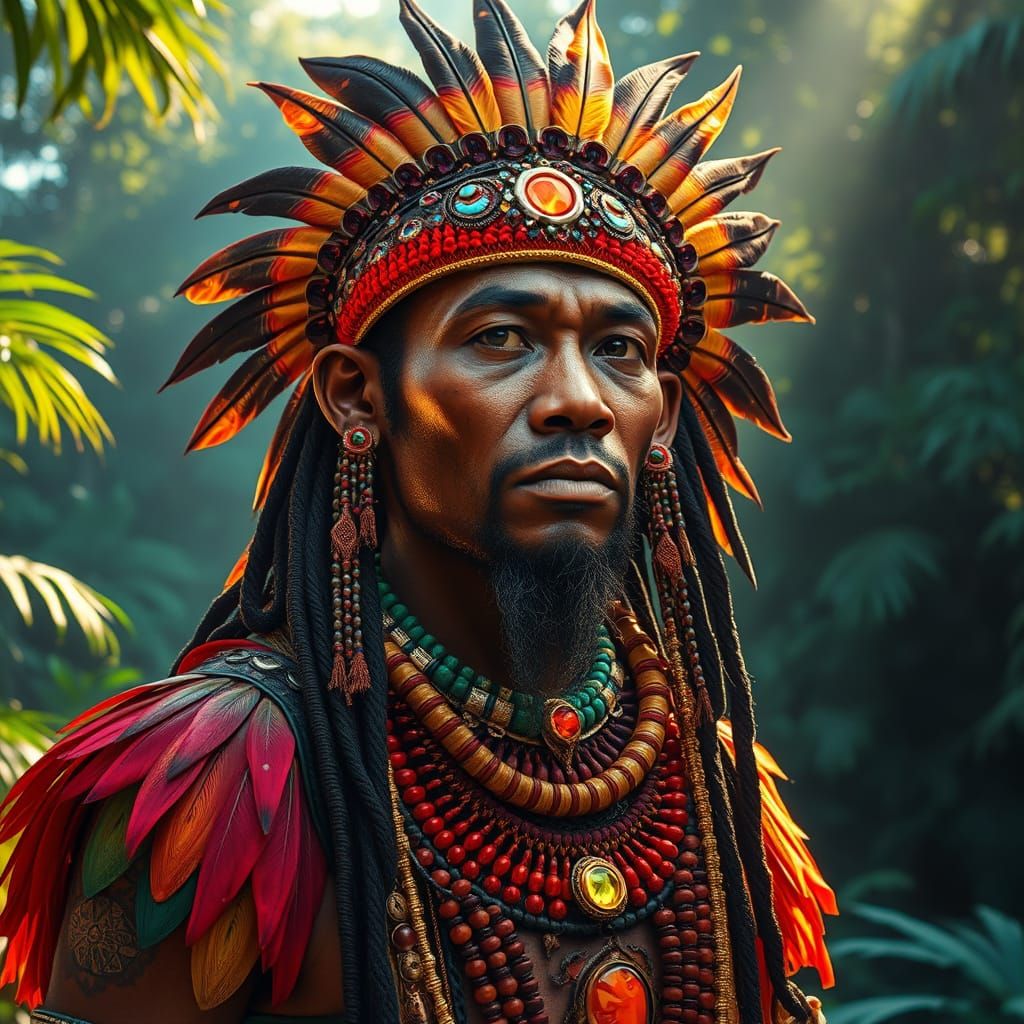 Cyborg Shaman in Vibrant Rainforest, Inspired by Hyperrealis...