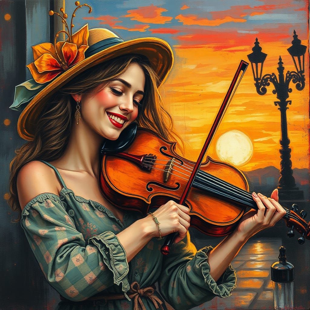 Joyful Street Violinist in Avant-Garde Mixed Media