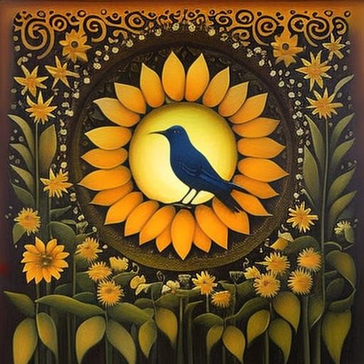 Sunflower, Bird, and Sunset: Whimsical Illustration