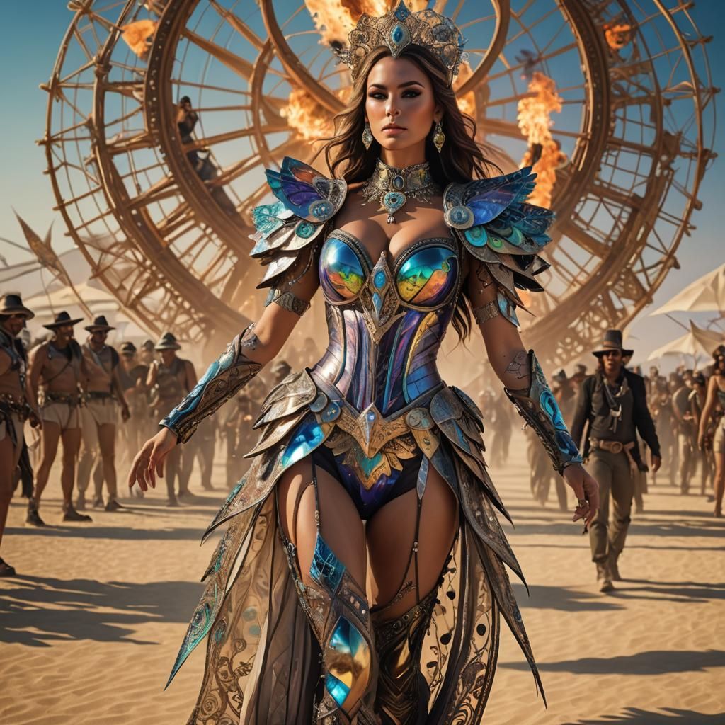 Burning Man Woman in Intricate Outfit, Photorealistic