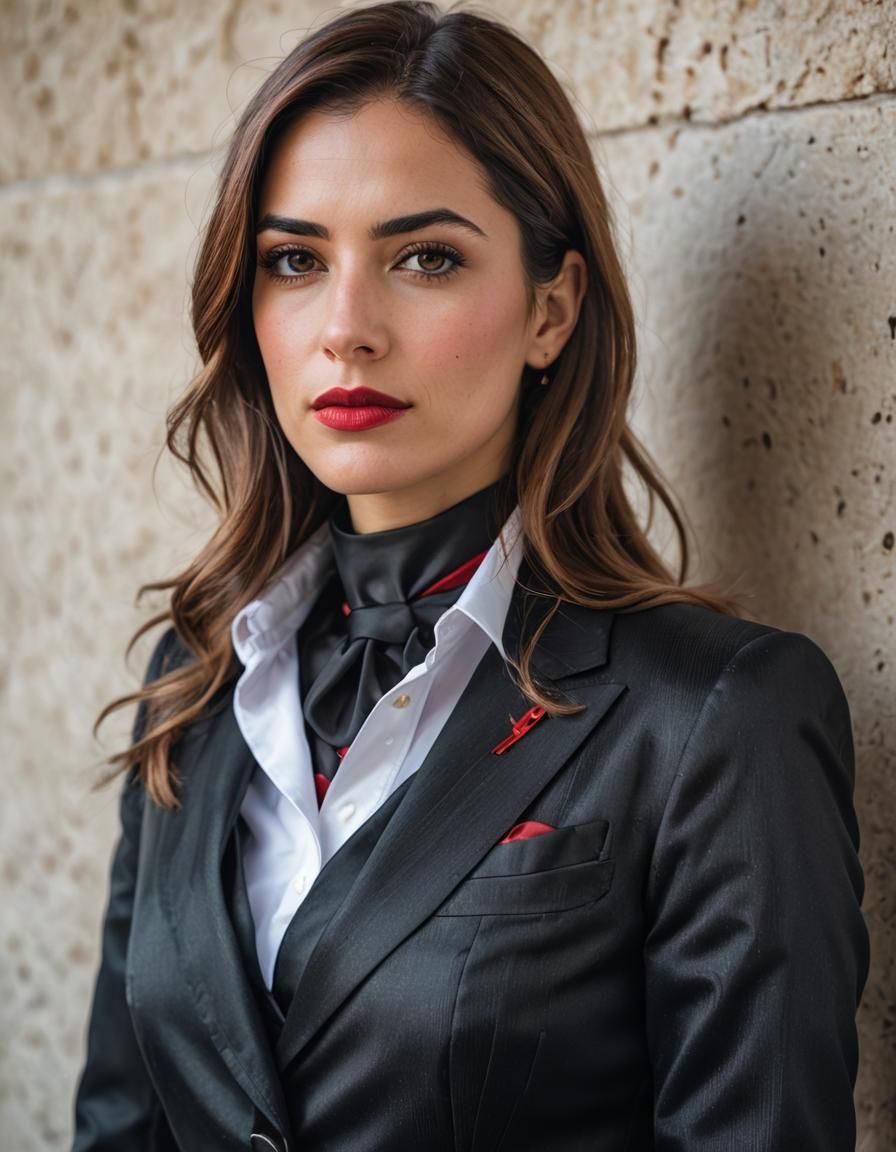 Elegant Spanish Woman in Pinstripe Suit Portrait