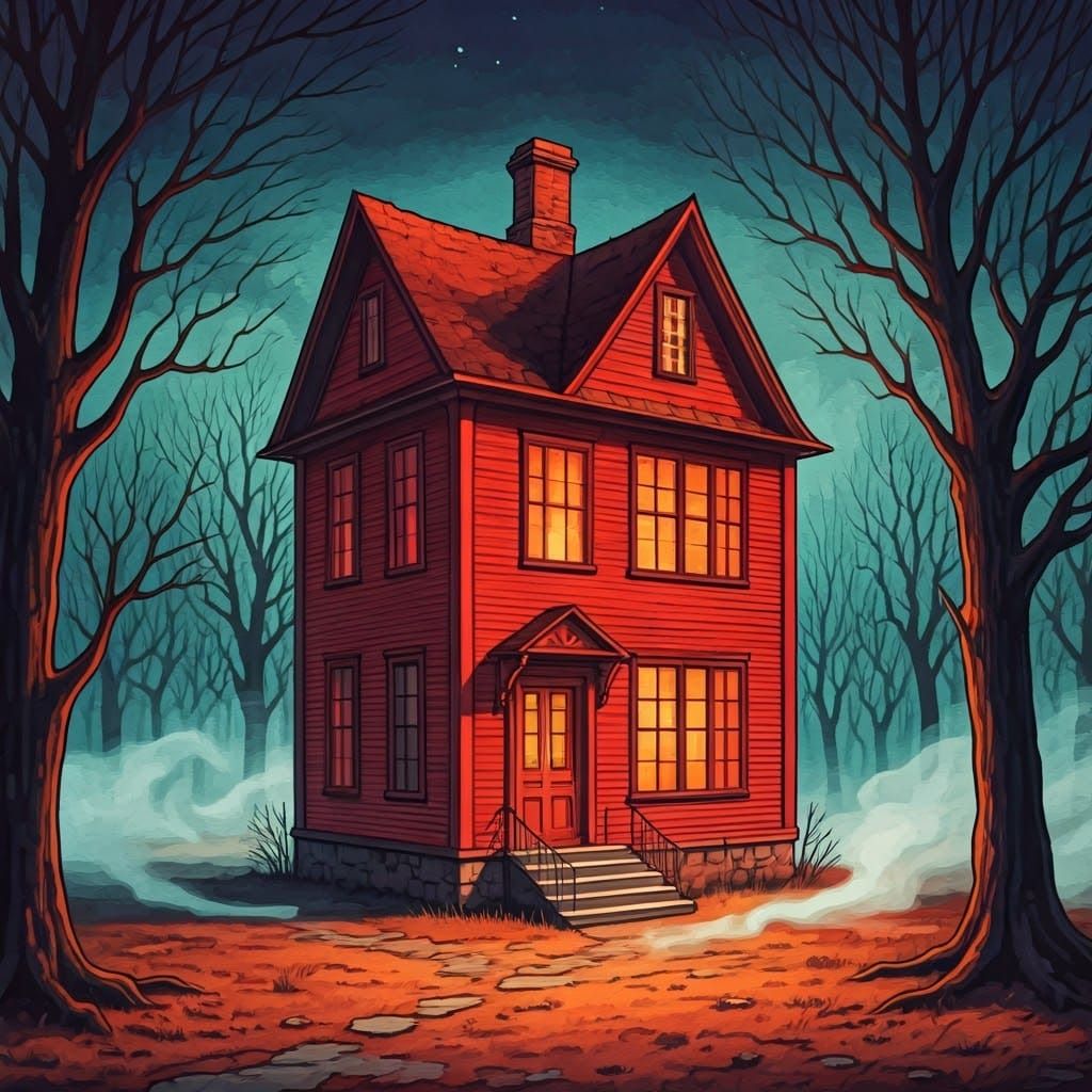 Vibrant Red House in a Dark Vintage Storybook World