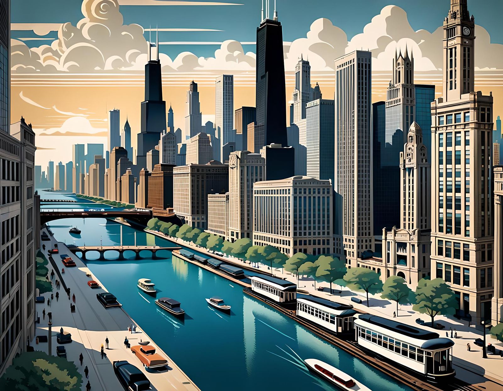 Chicago Skyline: Art Deco Travel Poster