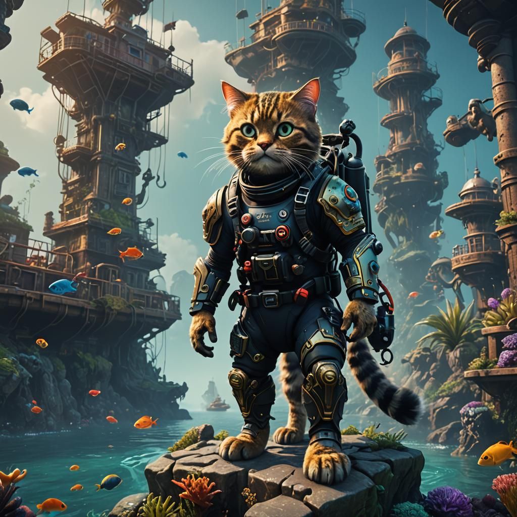 Scuba Diving Cat in Detailed Matte Painting