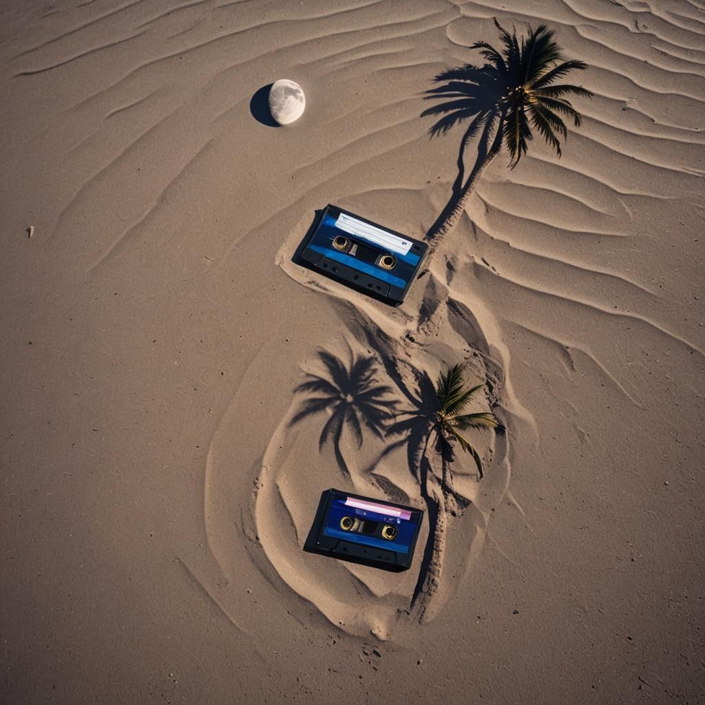Cassette Tape on Beach at Night in Cinematic Style