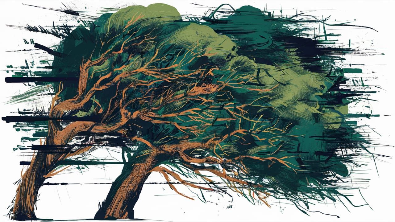Tree Bending in Wind: Ink Digital Illustration