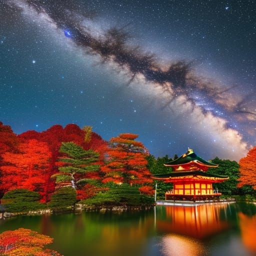 Serene Japanese Shrine Garden Under Starry Night Sky