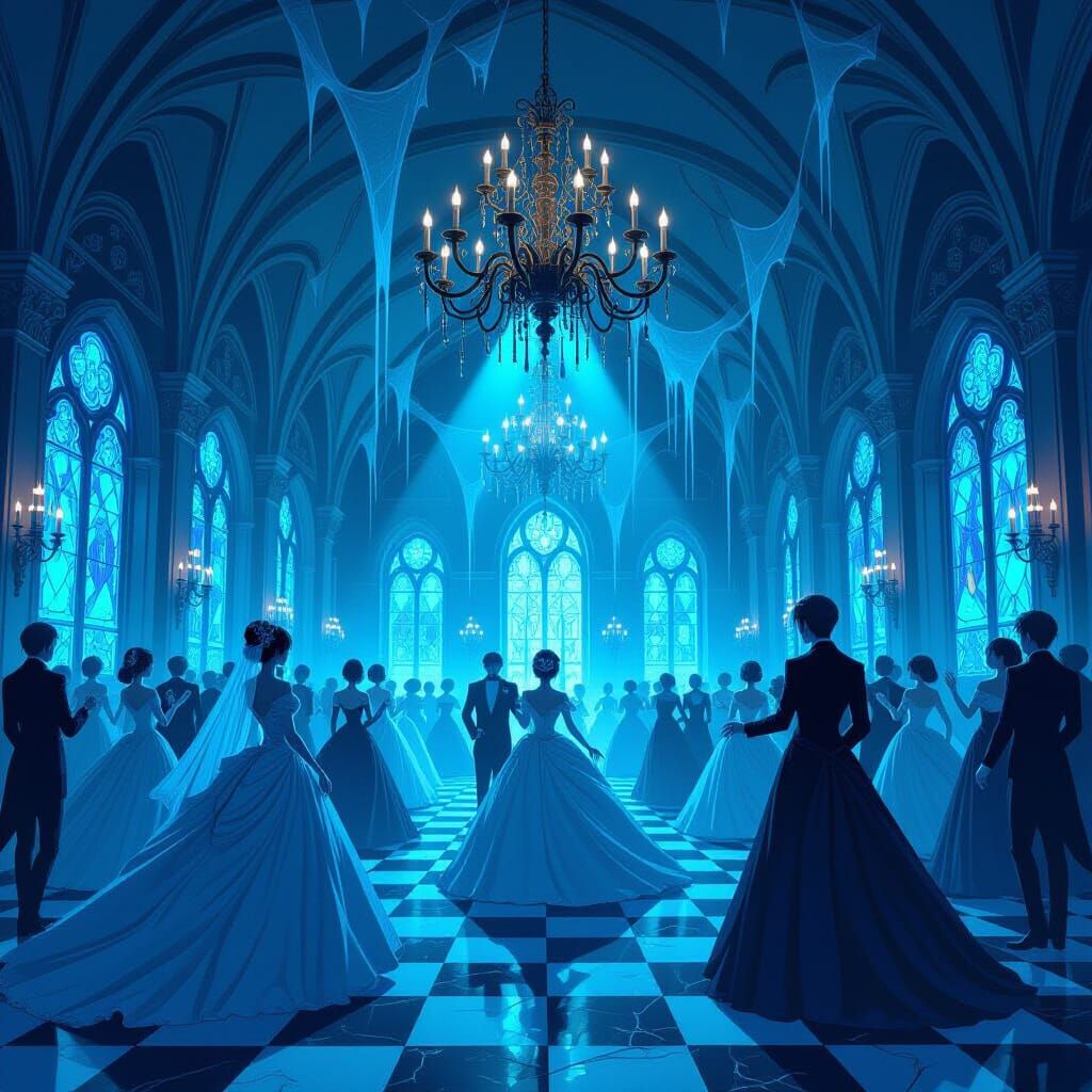Gothic Ballroom Dance of Spectral Figures in Anime Style