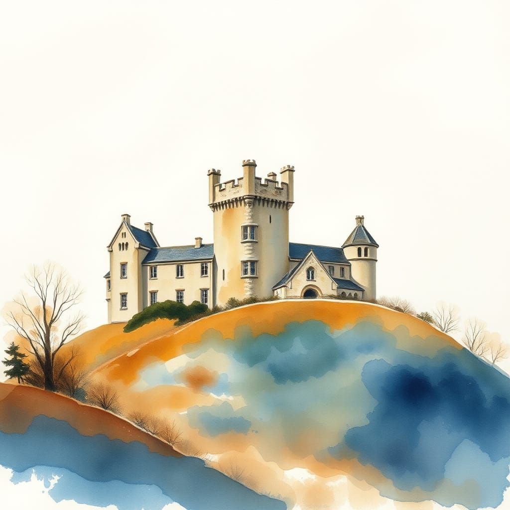 Scottish Castle in Watercolor Style with Impasto Texture