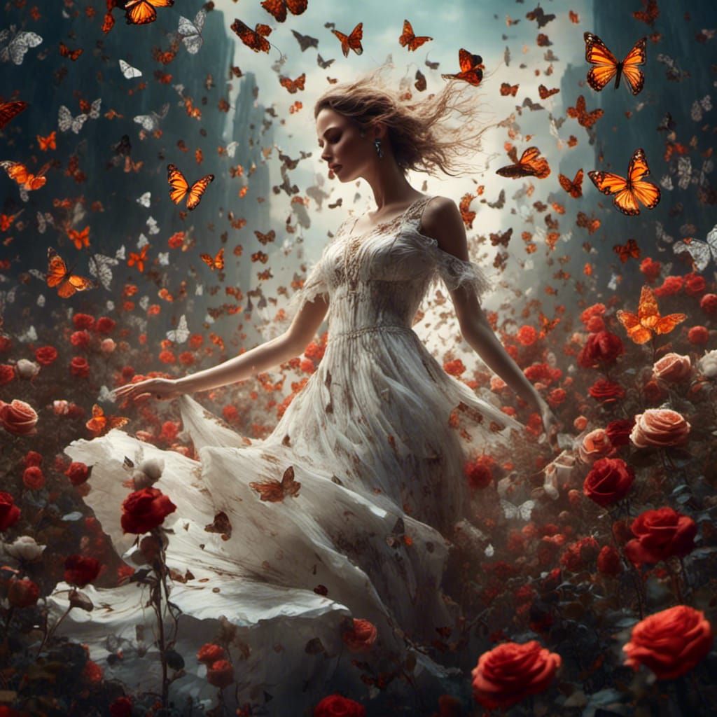 Elegant Women Dancing with Roses and Butterflies
