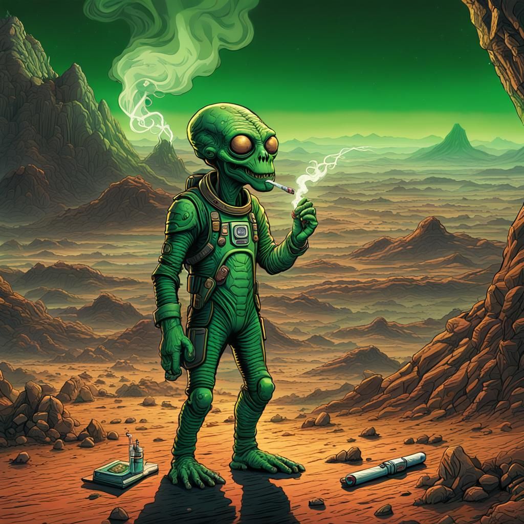 Green Martian Alien Smoking Cigarette in Comic Art